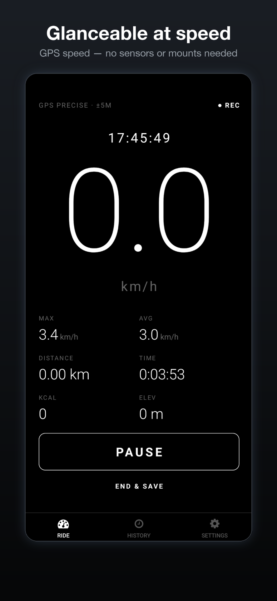 GPS speed — no sensors or mounts needed.