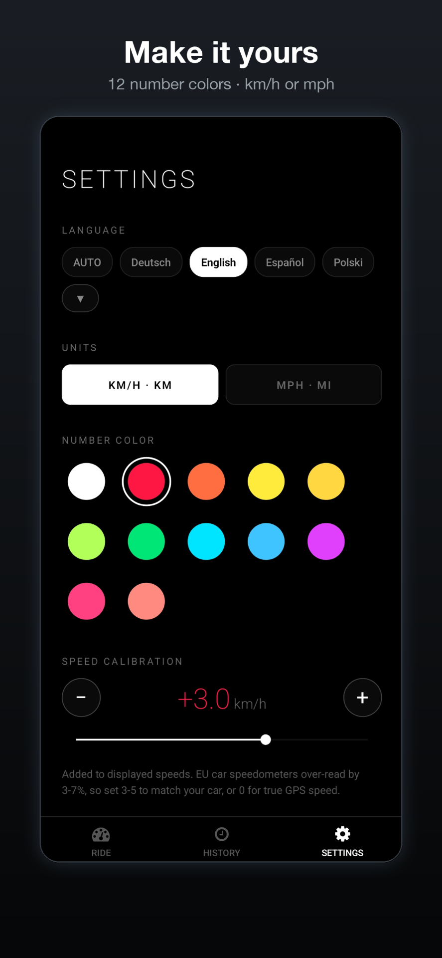 12 number colors. km/h or mph. 50 languages.