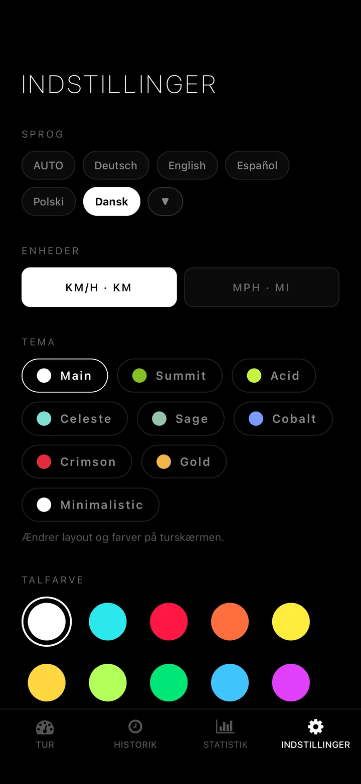 12 talfarver. km/h eller mph. 50 sprog