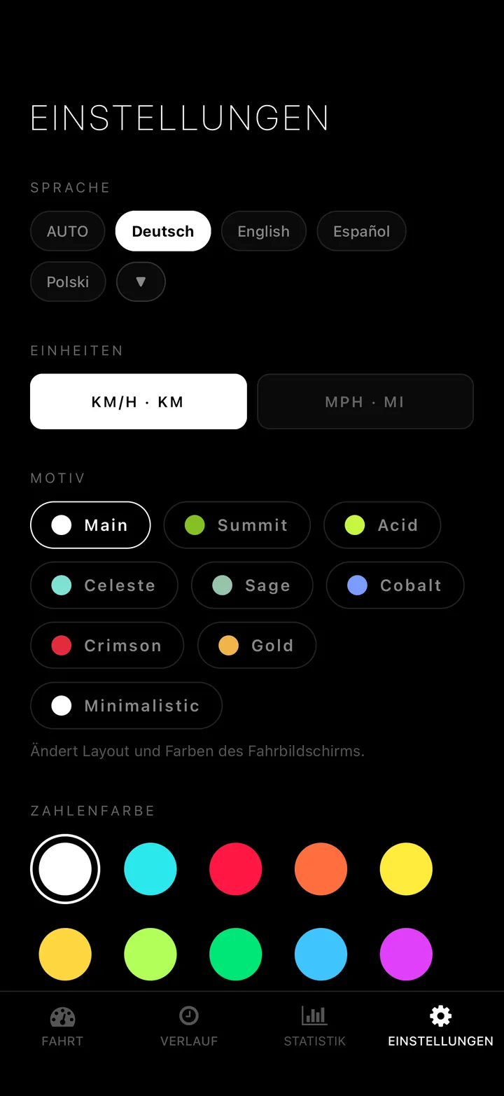 12 Ziffernfarben. km/h oder mph. 50 Sprachen