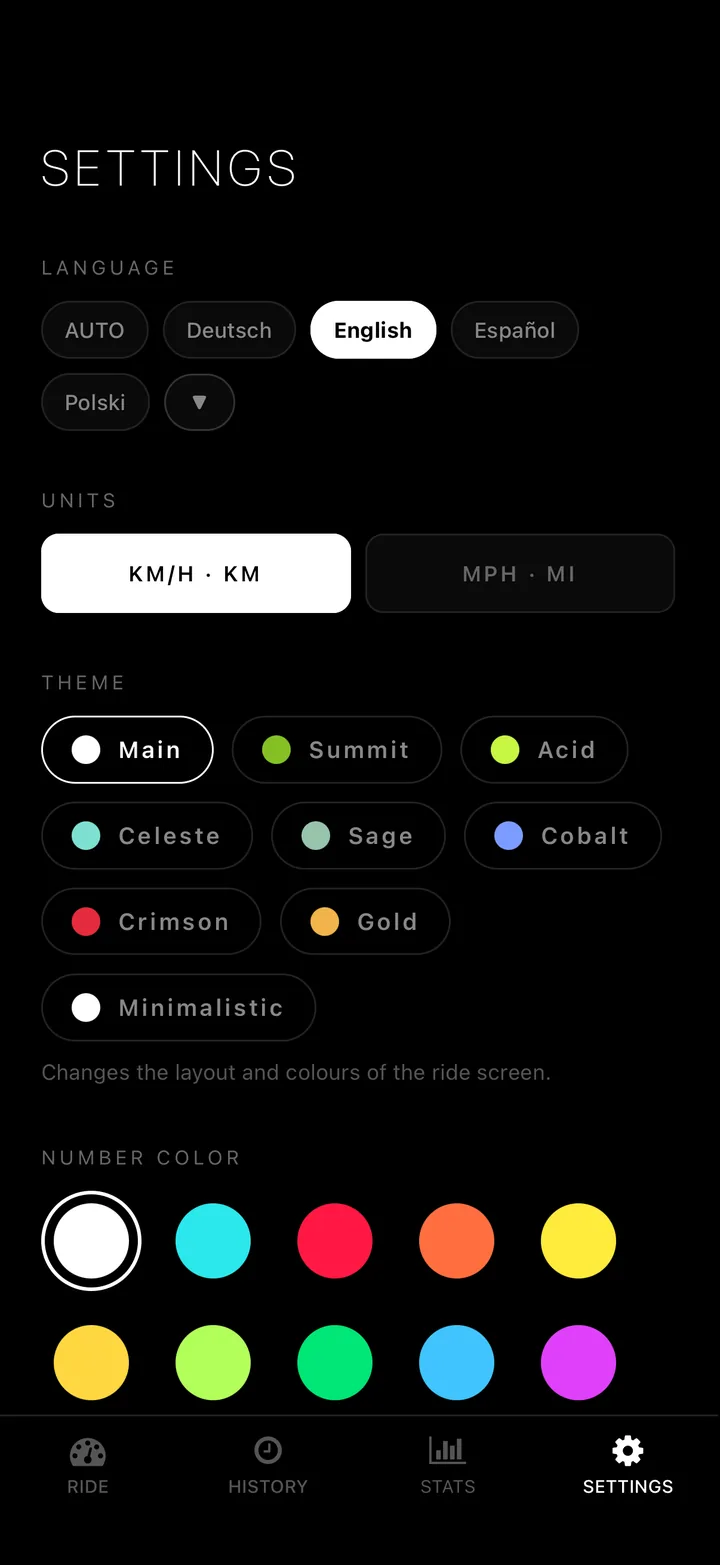12 number colours. km/h or mph. 50 languages