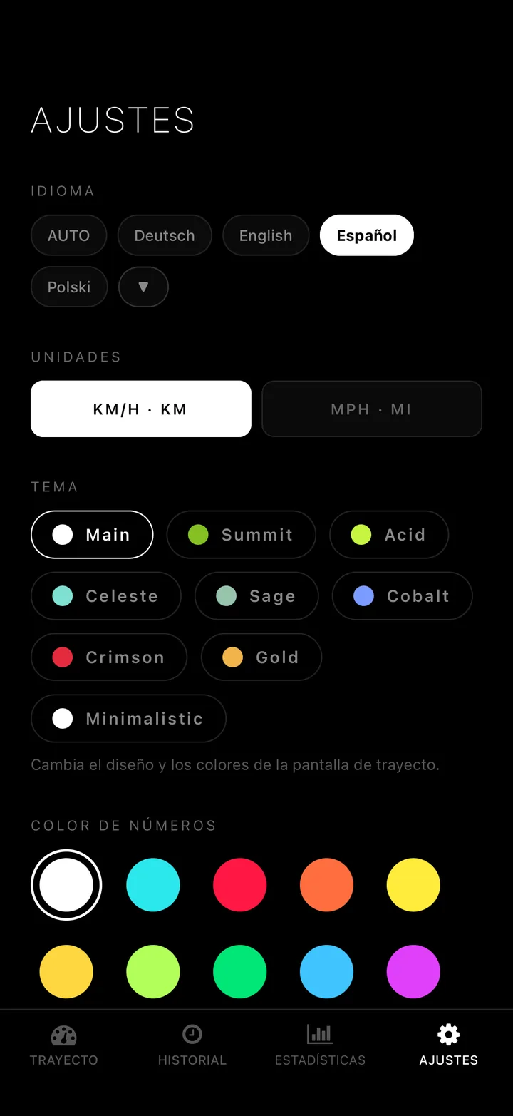 12 colores de números. km/h o mph. 50 idiomas