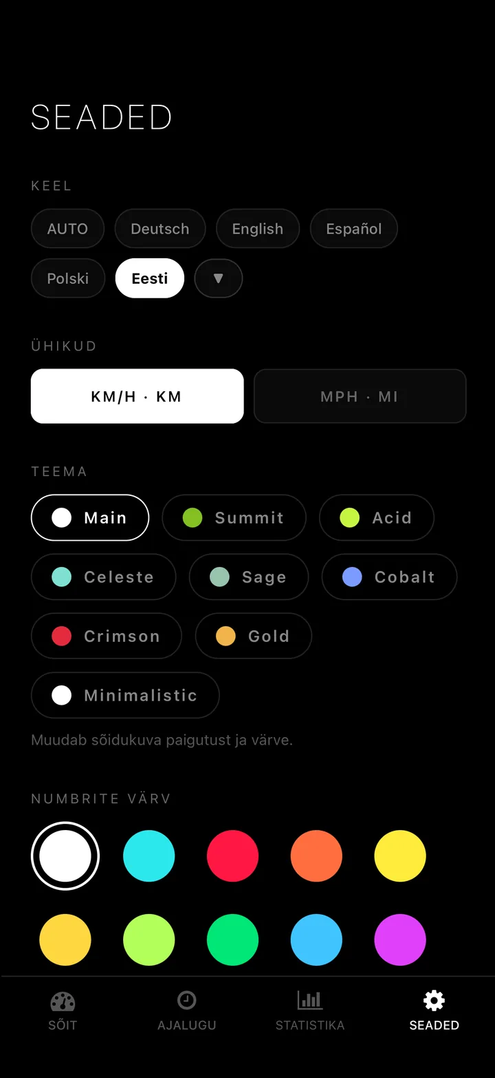 12 numbrivärvi. km/h või mph. 50 keelt