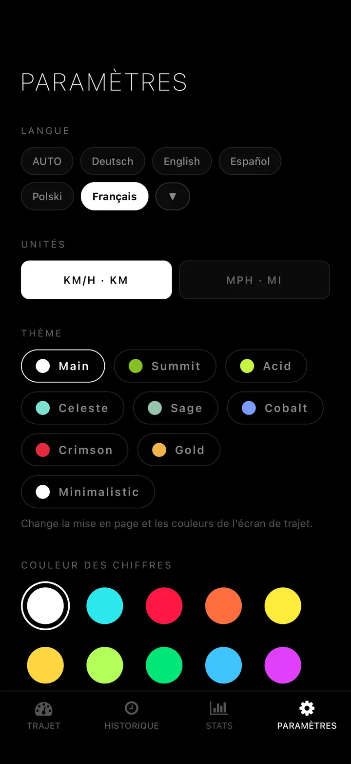 12 couleurs de chiffres. km/h ou mph. 50 langues