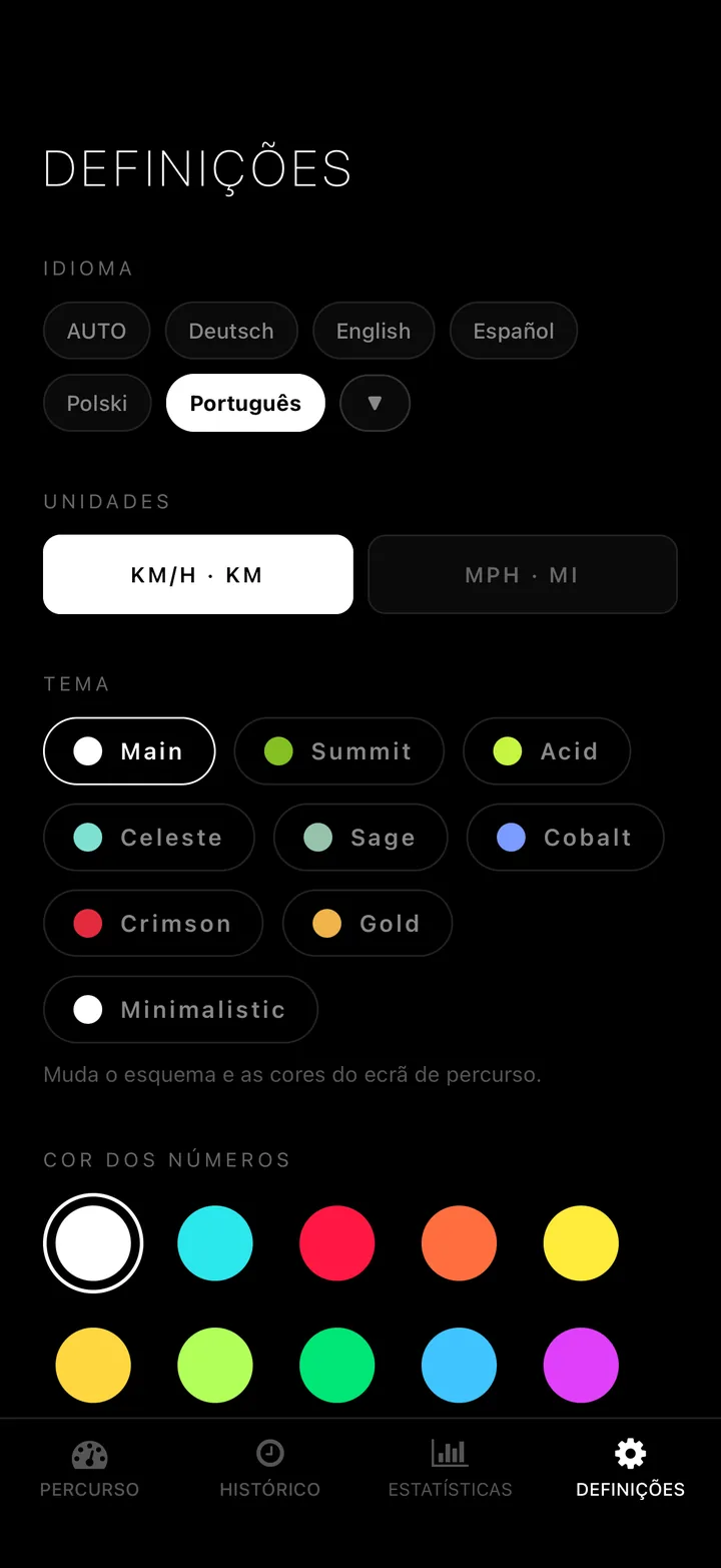 12 cores de números. km/h ou mph. 50 idiomas
