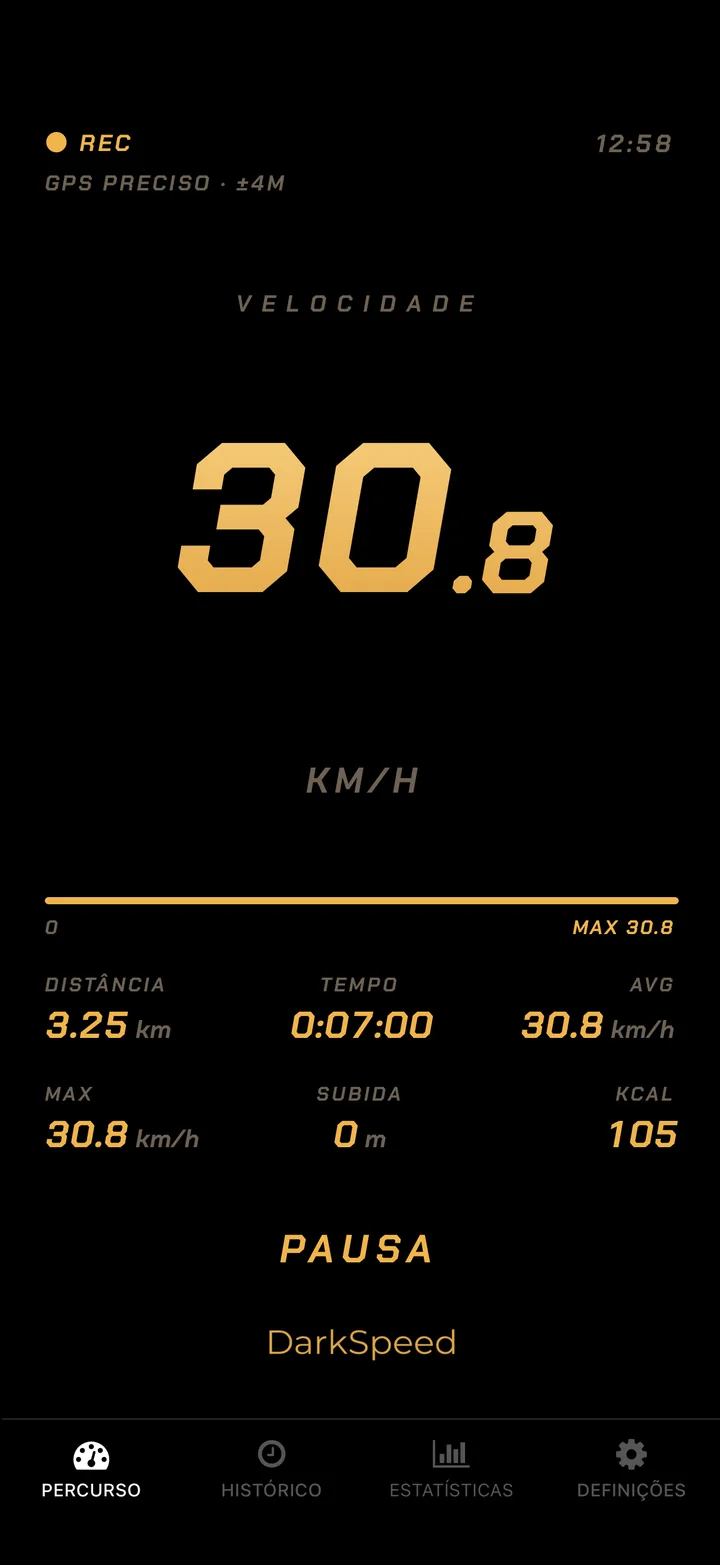 Ecrã de atividade do DarkSpeed, tema Gold