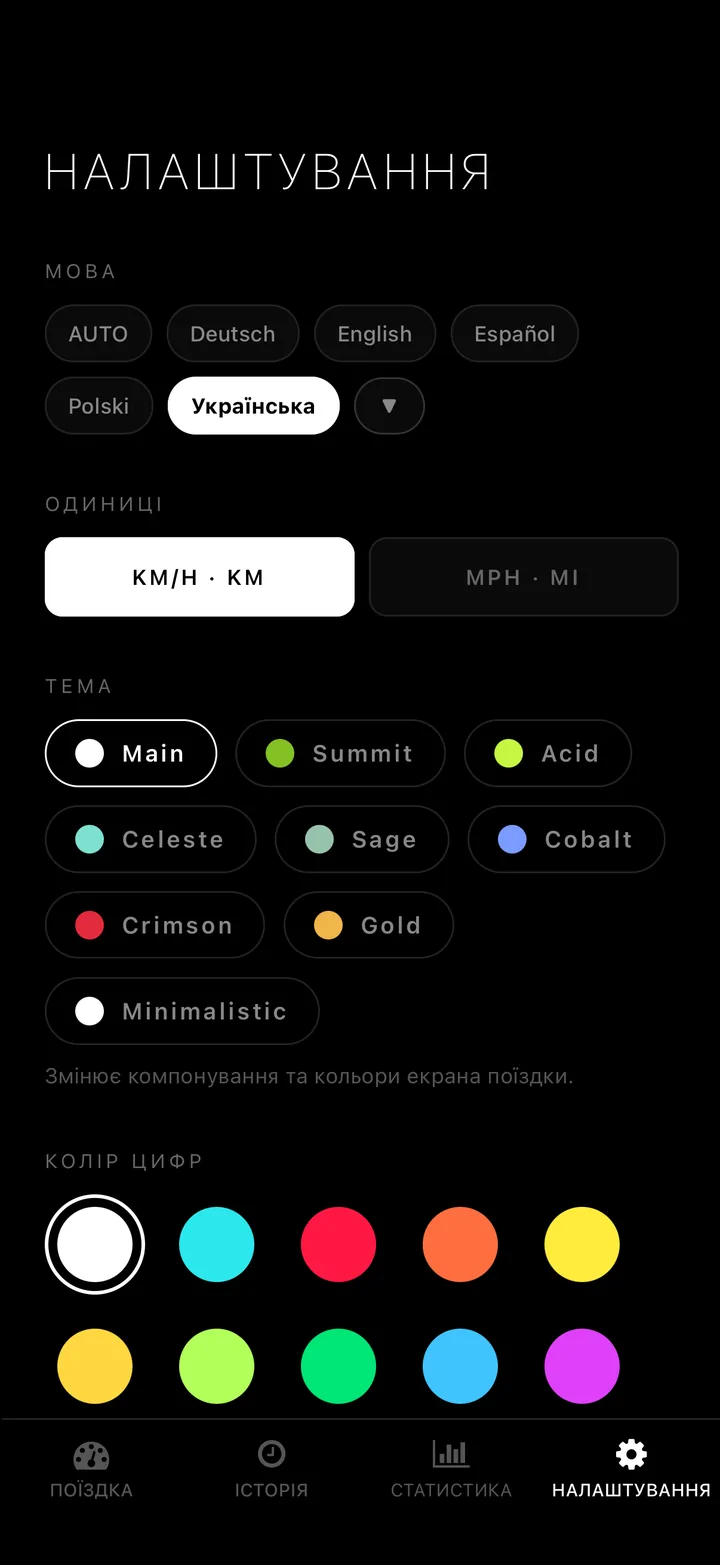 12 кольорів цифр. km/h або mph. 50 мов